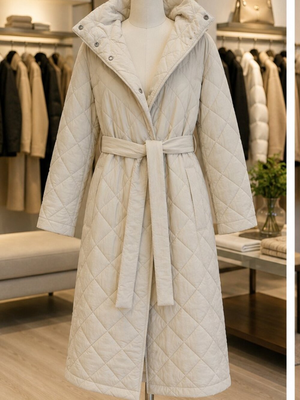 Zara Cream Quilted Belted Funnel Neck Hooded Long Coat XS